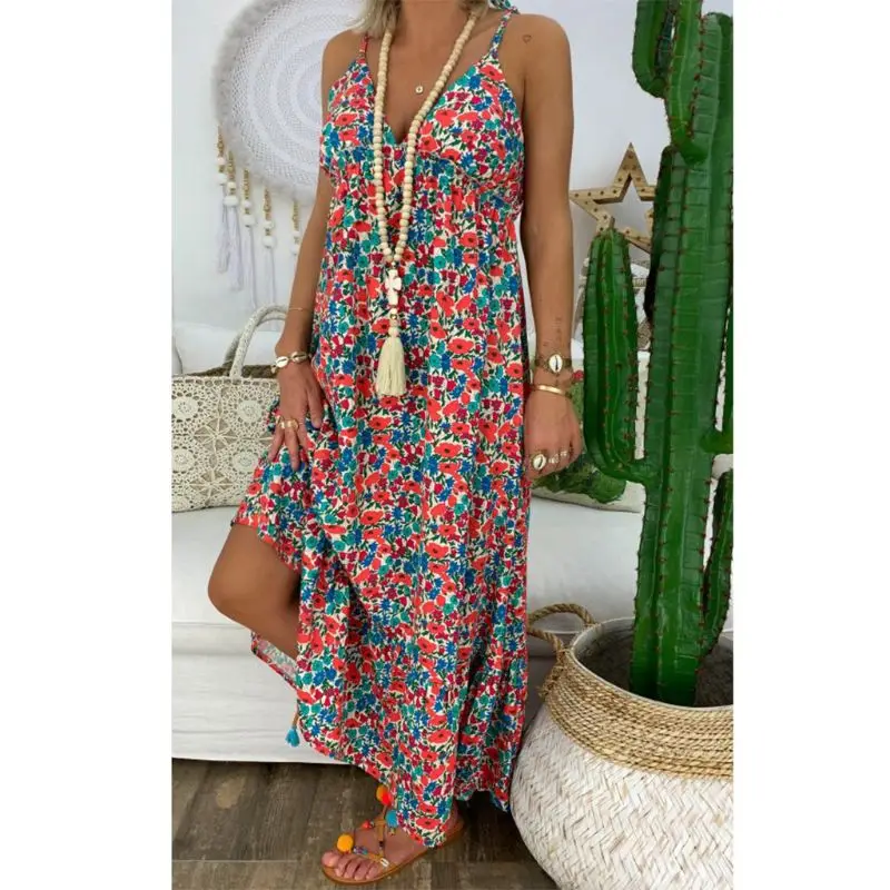 Frauen Boho Blumen Maxi kleid Party Riemchen Baumwolle Kleid Sommer Strand Urlaub Spaghetti träger Sommerkleid plus Größe 3xl 4xl 5xl