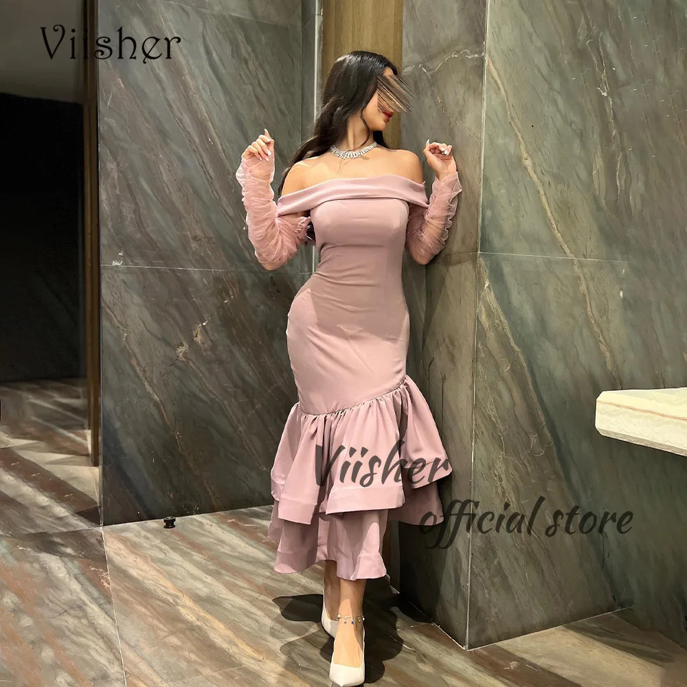 

Viisher Saudi Arabic Mermadi Evening Dresses Off Shoulder Ruched Satin Tight Formal Prom Dress Ankle Length Dubai Evening Gowns