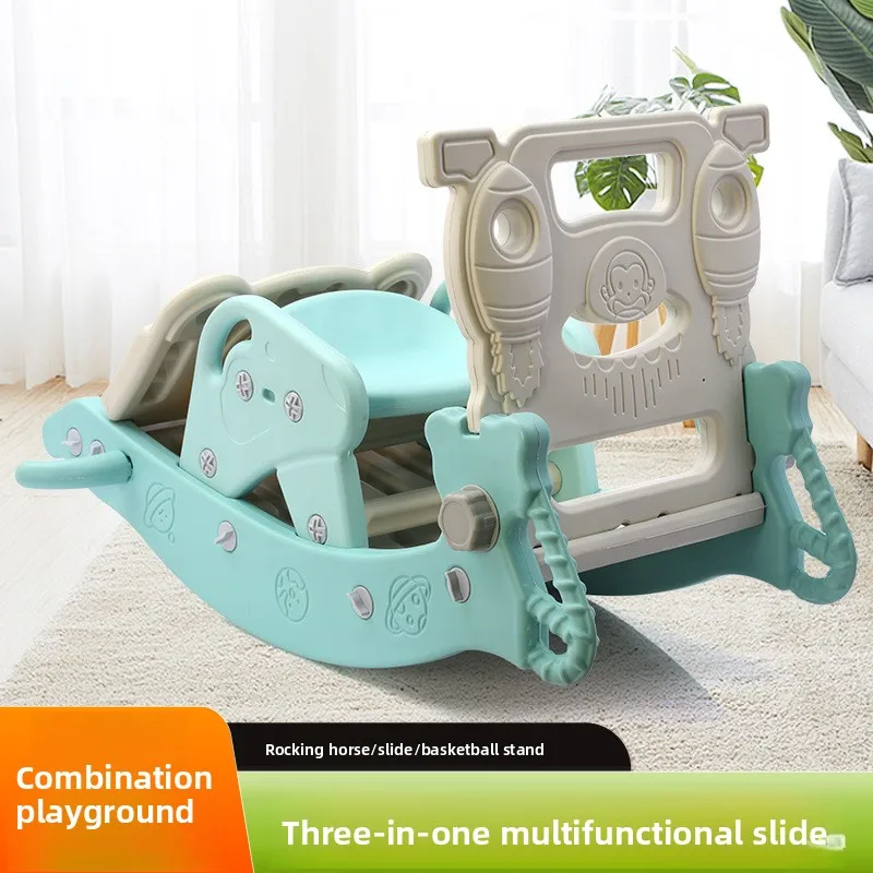Kids Indoor Slide Rocking Horse Playground Basketball Hoop Five Function Multi Functional Rocking Horse Family Fun Center