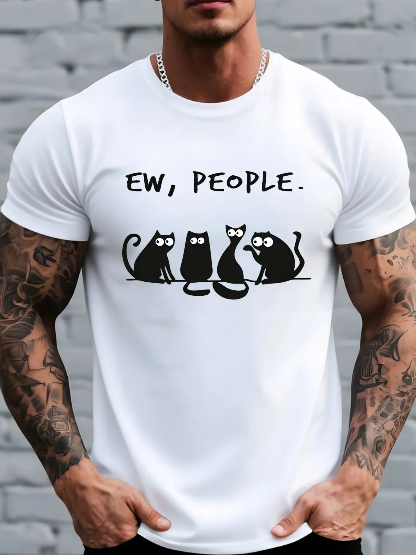 Funny Ew People Black Cat Graphic T‑Shirt Humor Cartoon Cat Print Crew Neck Short Sleeve Casual Novelty Tee Tops