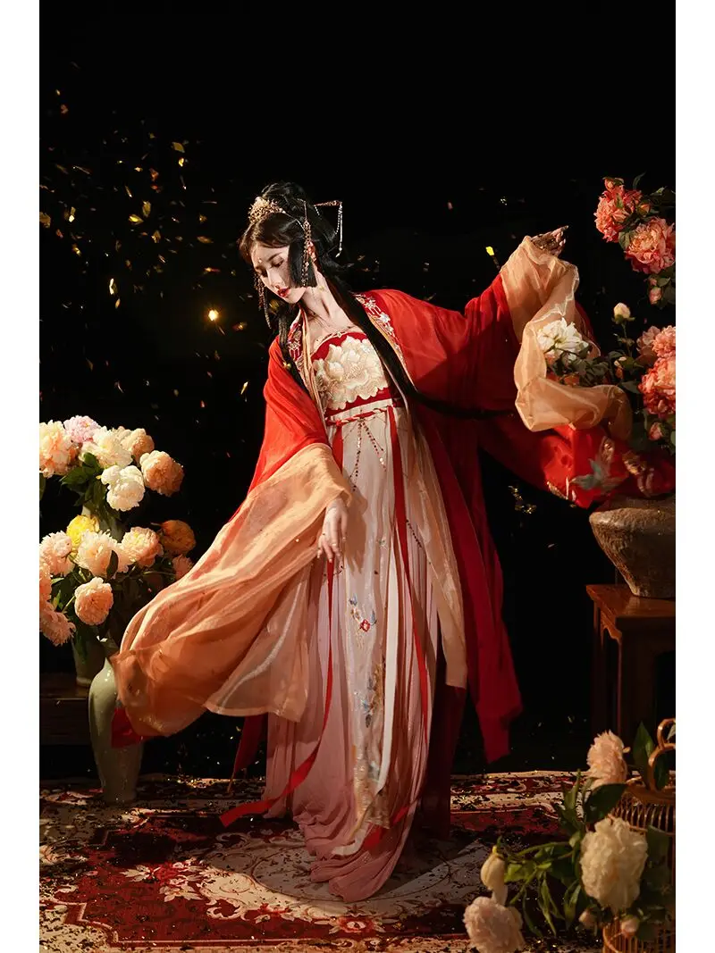 Hanfu weiblicher Tang-Stil und Brust rock kleid besticktes Großarmhemd roter Tang-Dynastie Herbst anzug im chinesischen Stil