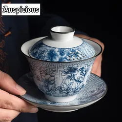 170ml Jingdezhen Ceramic Blue And White Tea Bowl Sancai Large Gaiwan Tea Set Eight Treasure Flower Tea Bowl Household Cover Bowl