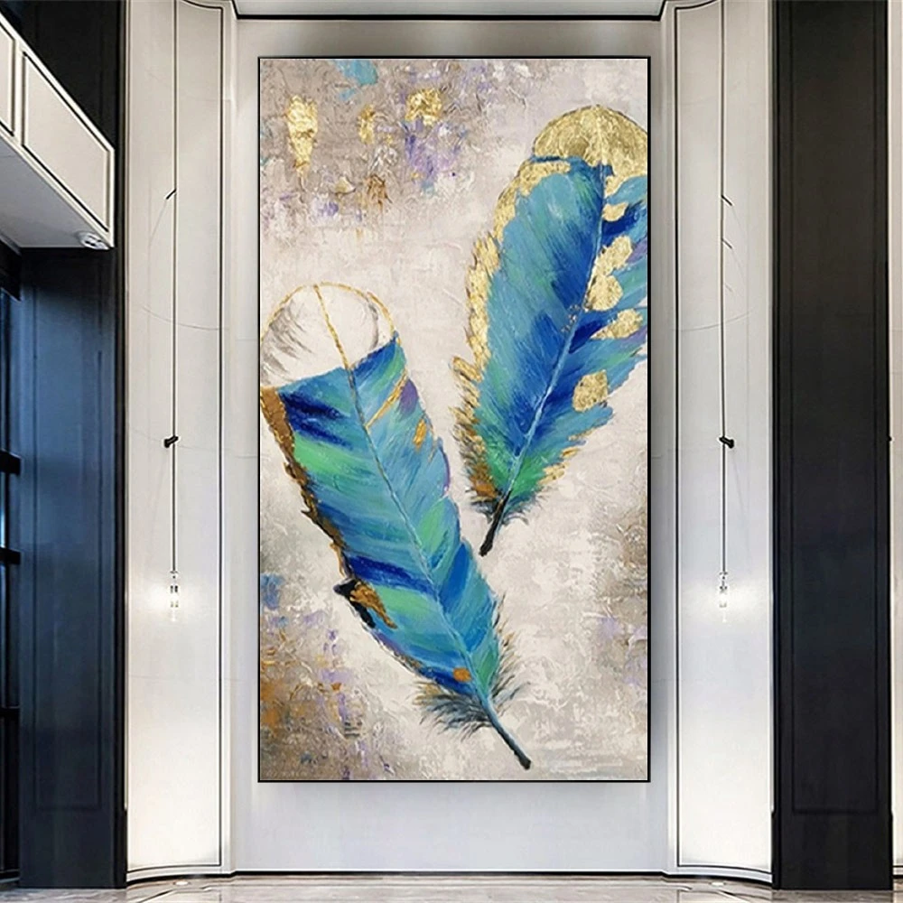 

Modern Design Gold Feather Oil Painting Real Handmade Abstract Canvas Poster Fashion Wall Art Picture Decor Live Hotel Hall Home