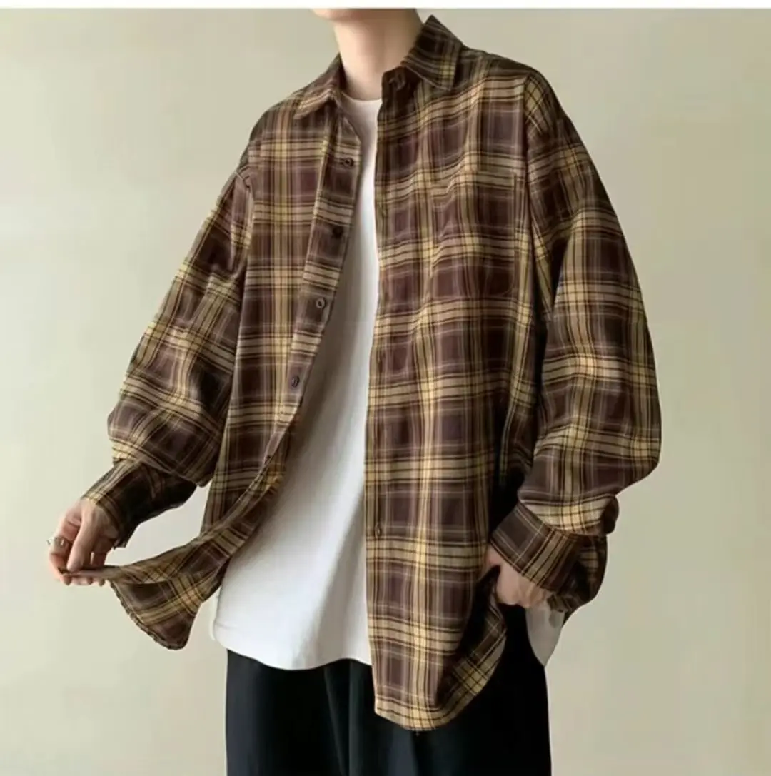 New Spring and Autumn Japanese Casual Checkered Shirts, Men's and Women's Lovers, Long Sleeves, Loose Size, Trendy  New Spring