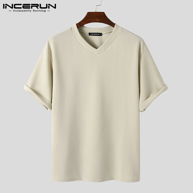 Incerun-男性用カジュアルTシャツ,単色,ストリートウェア,男性用トップス,半袖,Vネック,韓国スタイル,S-3XL, 2024