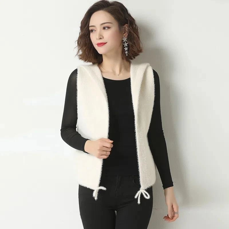 

Women Vest Jacket Autumn Winter Solid Color Hooded Short Sweater Coat Chaleco Mujer Pocket Casual Cardigan Knitted Waistcoat