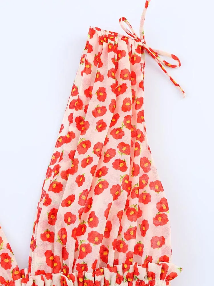 فستان نسائي صيفي قصير بدون أكمام موضة 2025 فساتين شيفون حلوة برقبة على شكل حرف v مطبوعة بفيونكة أنيقة للشارع بخصر مطاطي ملابس #4