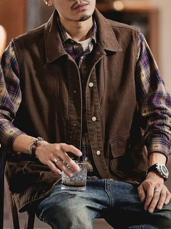 

American Retro Workwear Denim Vest Men's Spring New Casual Loose Outdoor Jaet Coat Youth Faion Urban Multi ket Sle