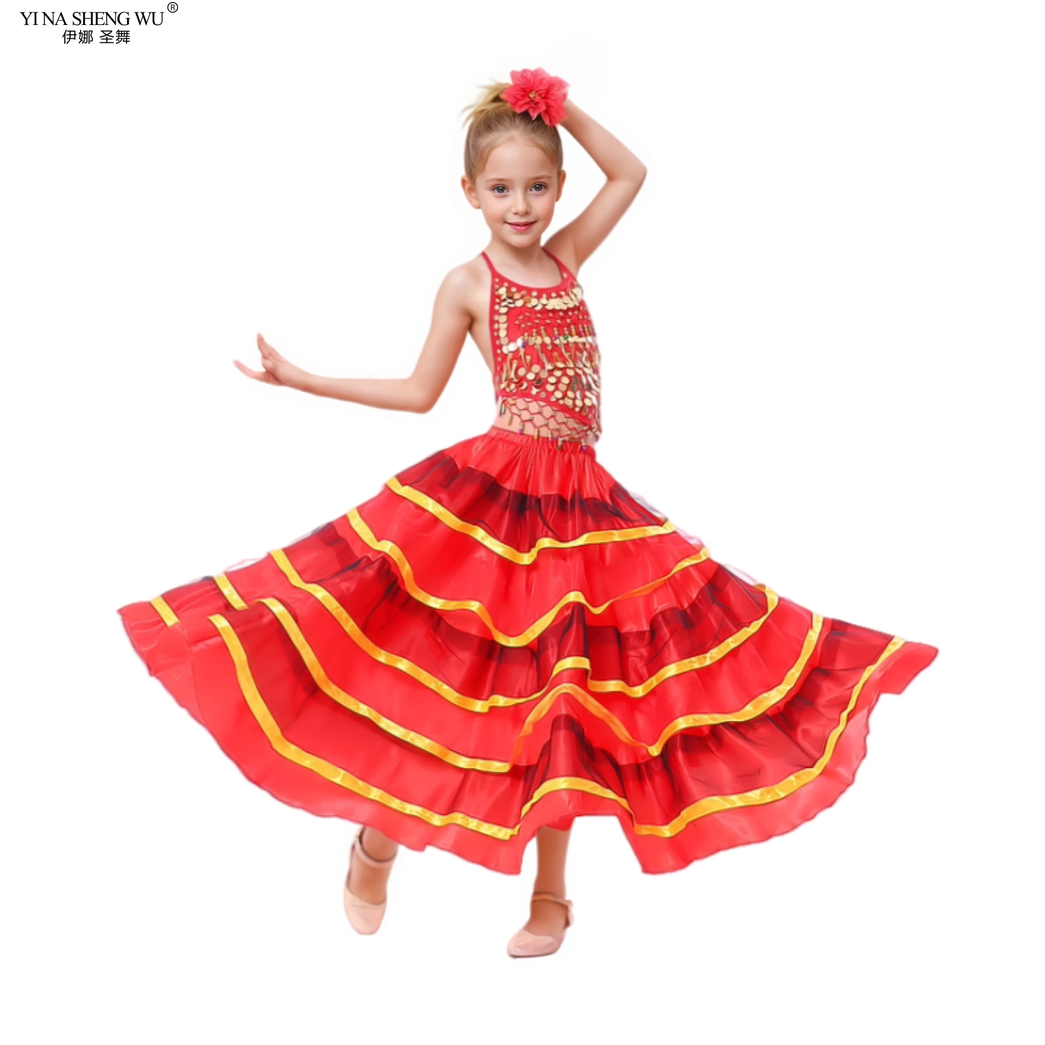 Robe de danse longue rouge Style Flamenco pour filles, Costume espagnol, jupe de salle de bal noire pour enfants, vêtements de danse 180/360/540/720 degrés