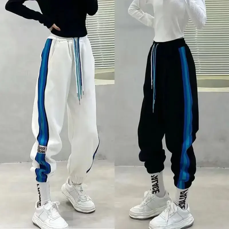 Women's 2024 Spring And Autumn Fashion Casual Striped Spliced Epaulet Elastic High Waist Drawstring Sports Binding Harlan Pants