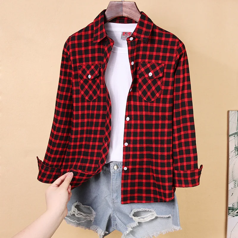 Camisas Xadrez das Mulheres novas M-5XL Blusa De Algodão Feminino Camisa Camiseta Manga Longa Slim Turn-down Collar Blusas Mulheres Camisas