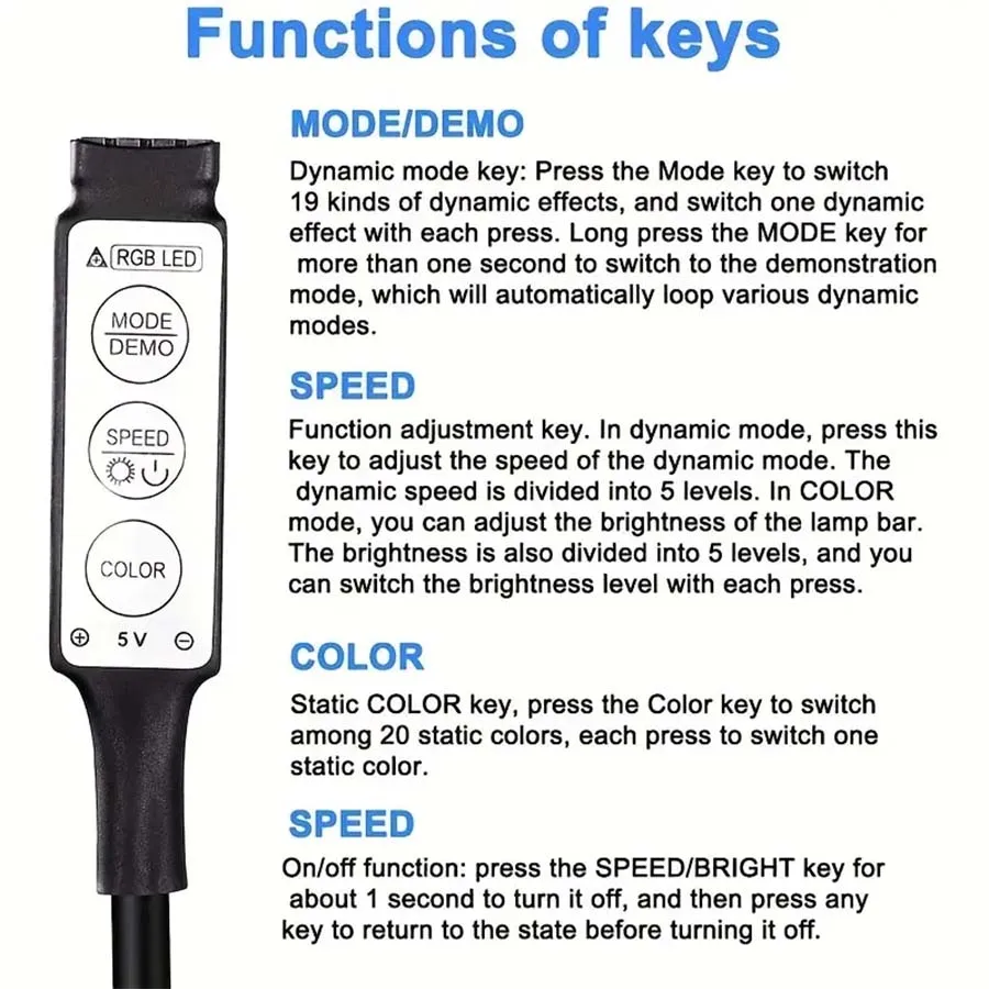 LED light strip with three-button controller, USB powered, adjustable lighting modes, RGB color changing, flexible and cutable,