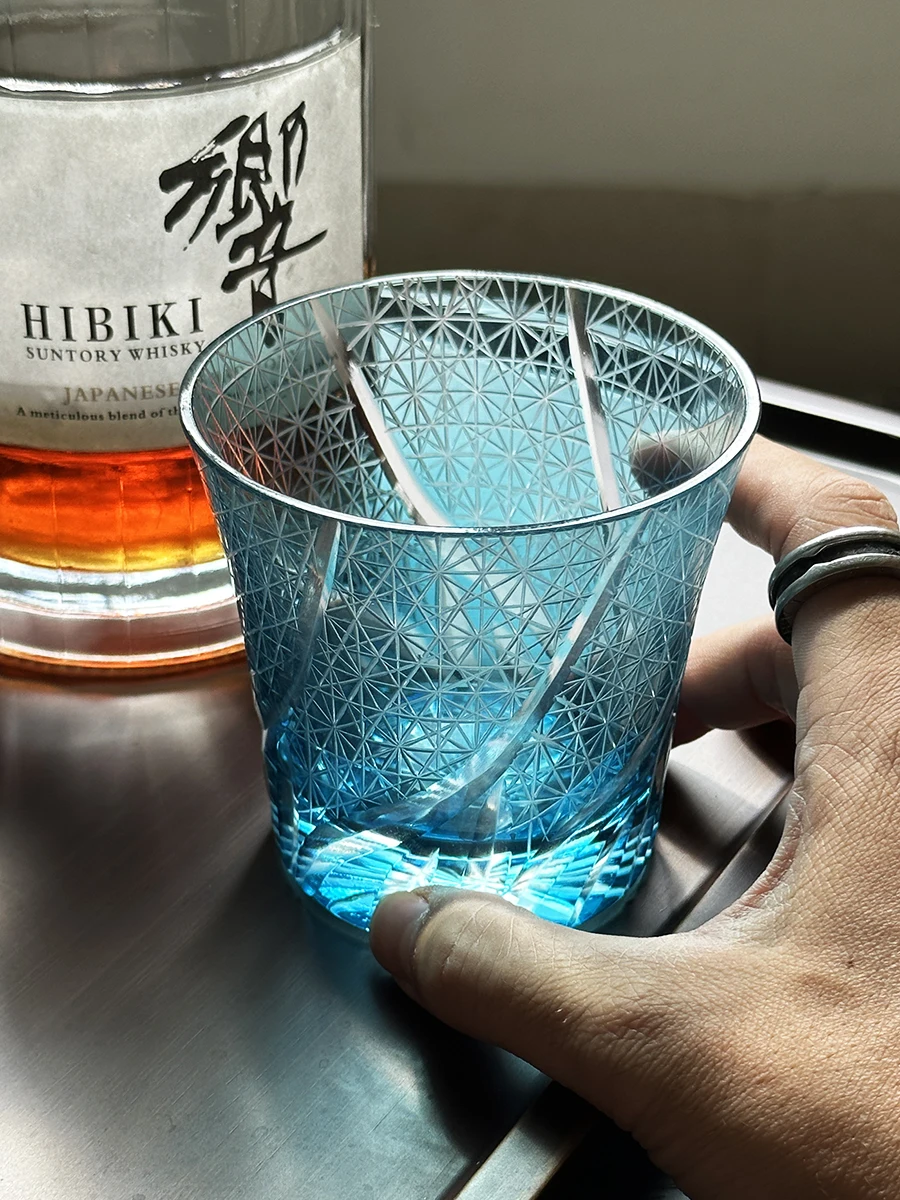 Hand Engraving Shippo Figure Crystal Glass, Edo Kiriko, Deluxe Whiskey Cup, Light purple Wine Rock Glass, Best Present Tumbler