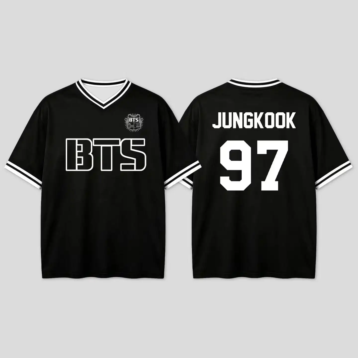 Family Matching Striped V-Neck Baseball Jersey Black Breathable Number Print Short Sleeve Casual Fan Streetwear Top BTS