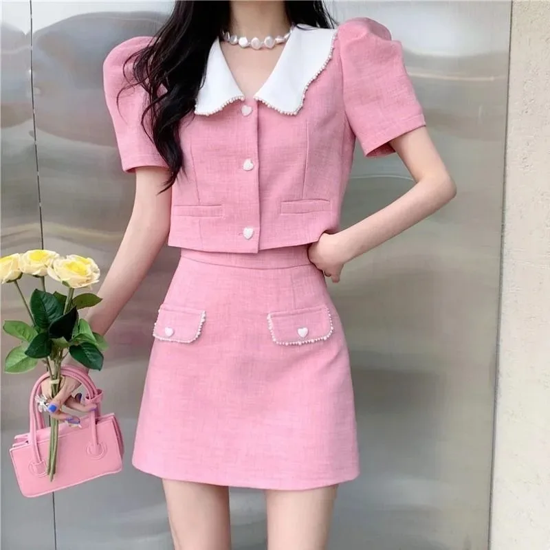 Sweet Celebrity Suit Jacket Skirt Two-piece Set Women Contrast Polo Neck Bubble Sleeve Bead Temperament French Slim Summer Suit