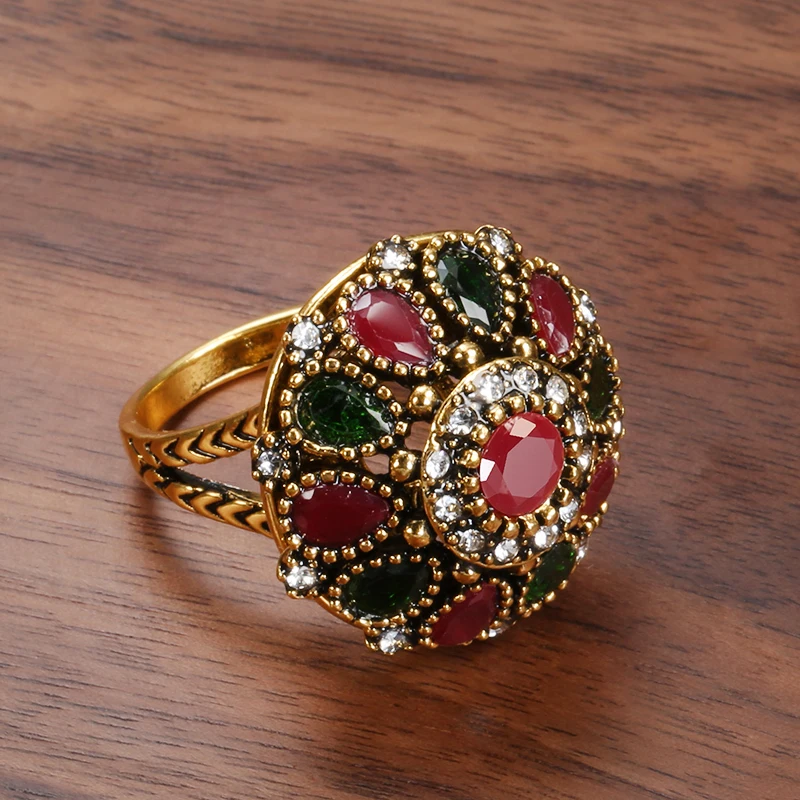 Kinel Hot Crystal Flower Ring Fashion Antique Gold Ethnic Bride Rings For Women Boho Vintage Jewelry Wholesale