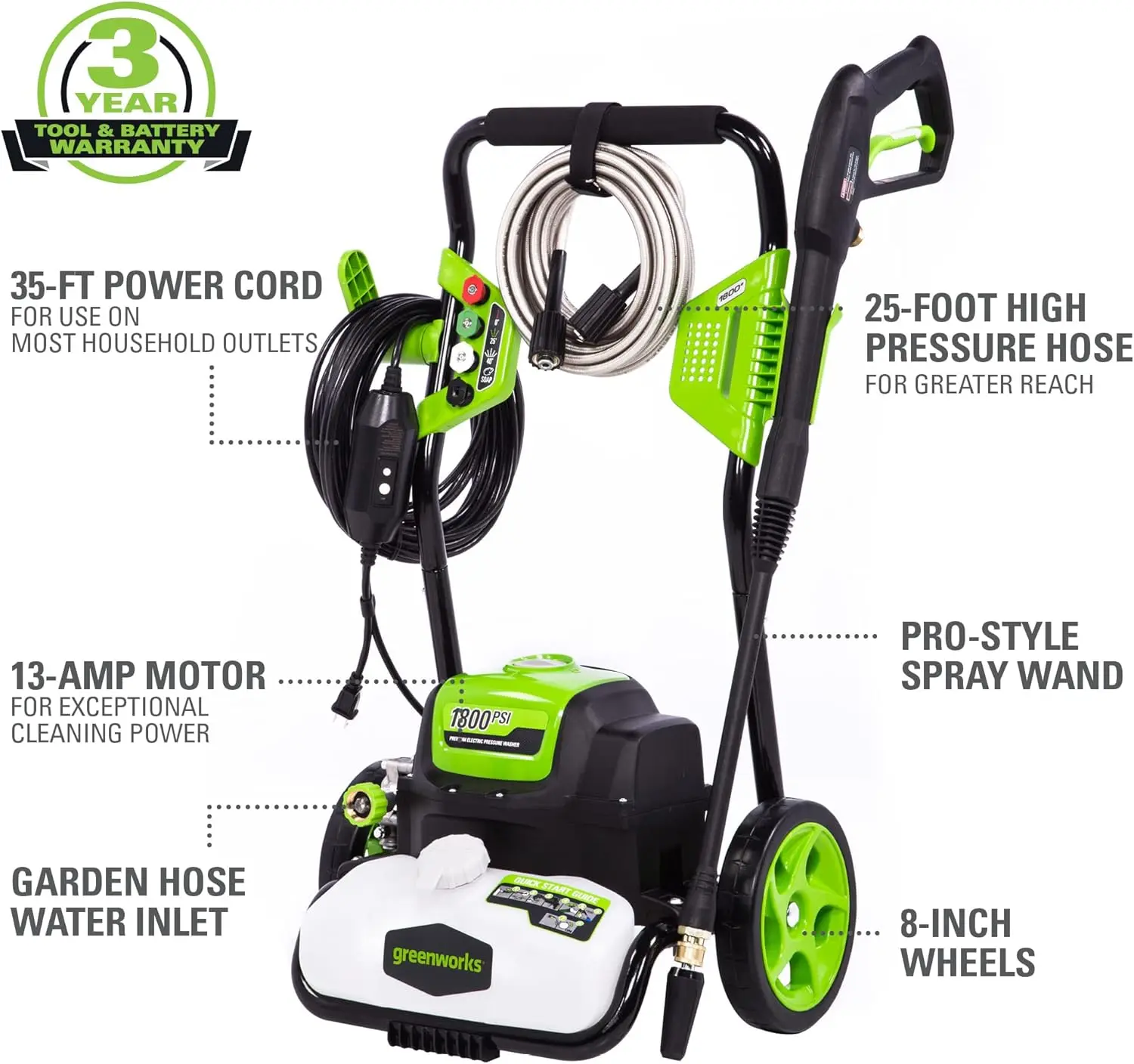 1800 PSI 1.2 GPM Pressure Washer (Open Frame), PWMA Certified for Various Cleaning