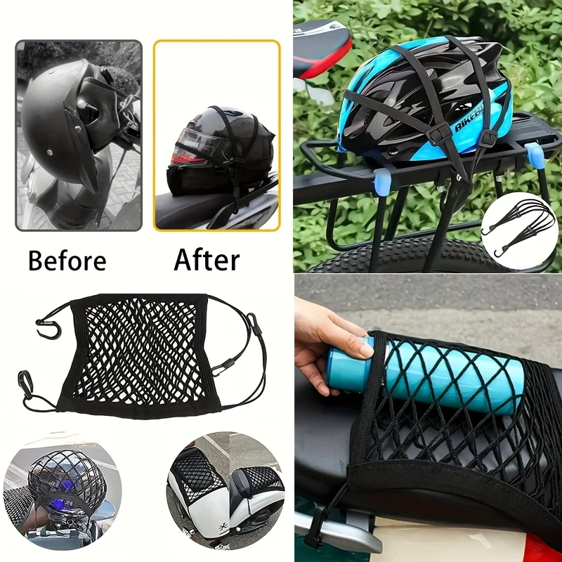 Motorcycle Helmet Storage Trunk Bag & Cargo Net – Multi-Purpose Luggage Mesh for Bike/Scooter, Includes Fuel Sorting Net