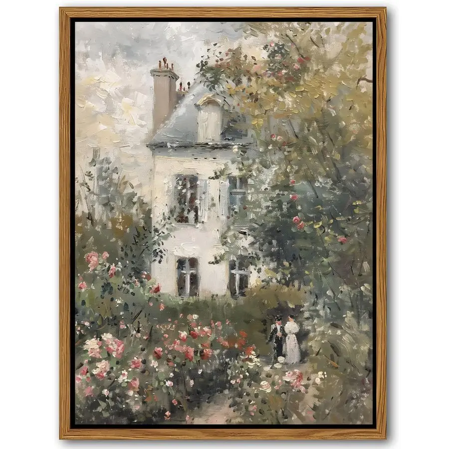 

Framed Canvas Vintage Wall Art, Neutral English Cottage Rose Garden Oil Paintings Print, Spring Pictures Wall Decor for Living R