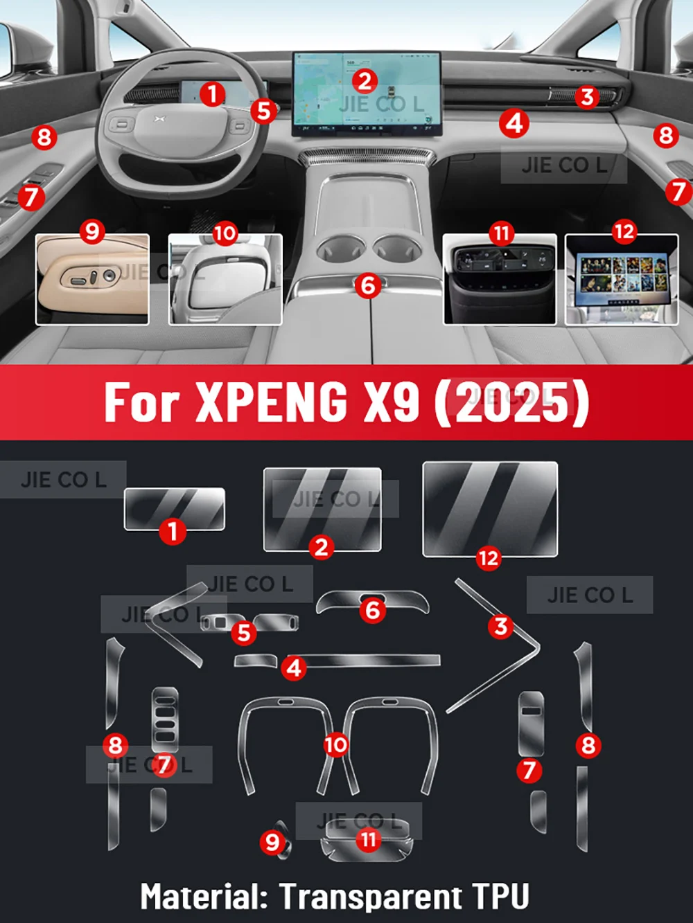 

Tpu Transparent Film for XPENG X9 2025 Car Interior Sticker Center Console Gear Navigation Dashboard Window Panel