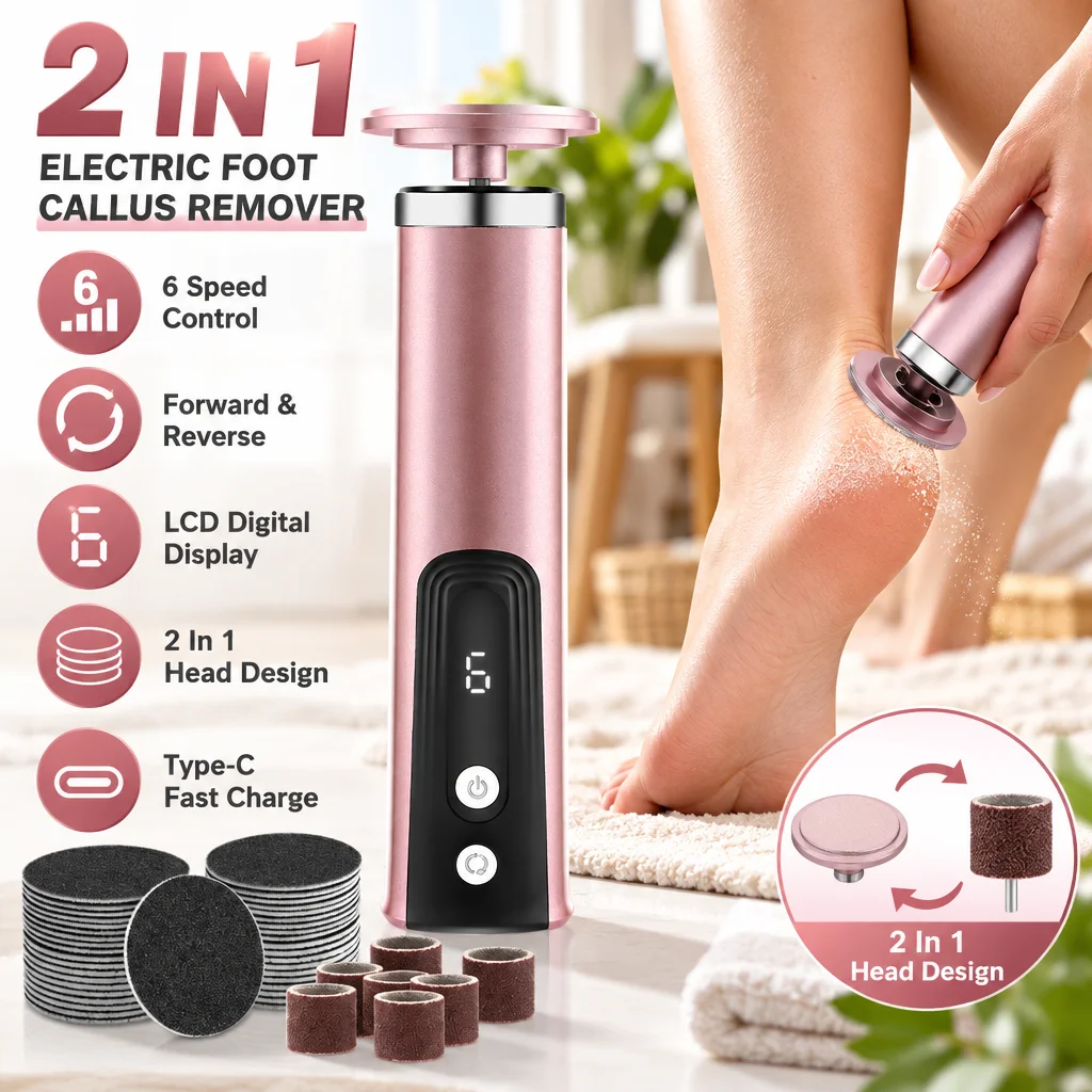 Electric Foot File Callus Remover 6 Speed Rechargeable Nail Buffer LCD Display Reversible For Smooth Feet Rose Gold