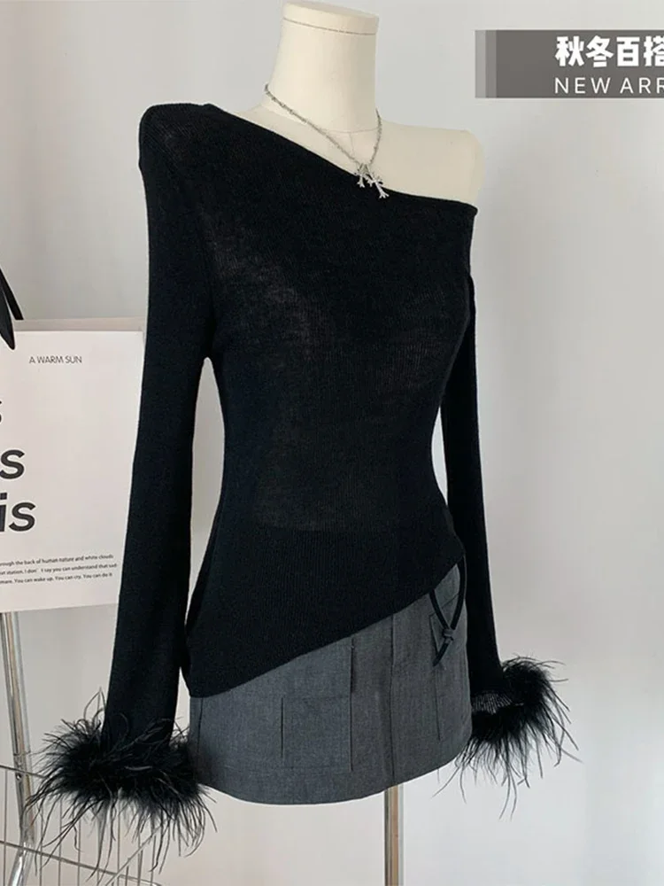 

Blouses Solid Color Plush Patchwork Irregular Clipping Lady Party Tops Women 2025 Autumn Skew Collar Off Shoulder Thin Section