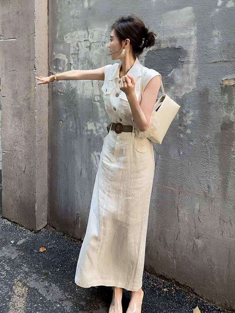 Ele White Dr 2025 Nowa Letnia Casualowa Spódnica w Kształcie Litery A z Wysokim Stanem z Miękkiego Materiału, Do Pracy i Codziennego Użytku, Bez Kołnierzyka, Bez Rękawów