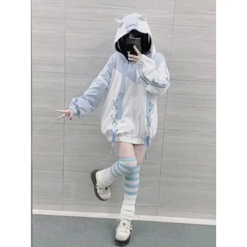Japanese Aesthetics Kawaii Hooded Zip Sweatshirt Anime Hooded Jacket Women Harajuku Y2k Clothes Loose Streetwear Tops Bandage