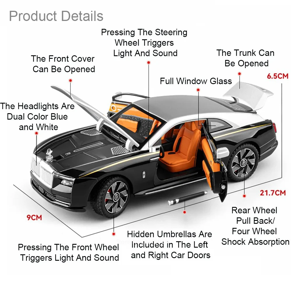 1:24 Alloy Rolls Royce Phantom Spectre Toys Models Cars Wheel Pull Back Shock Absorption Miniature Vehicles Collect Souvenirs