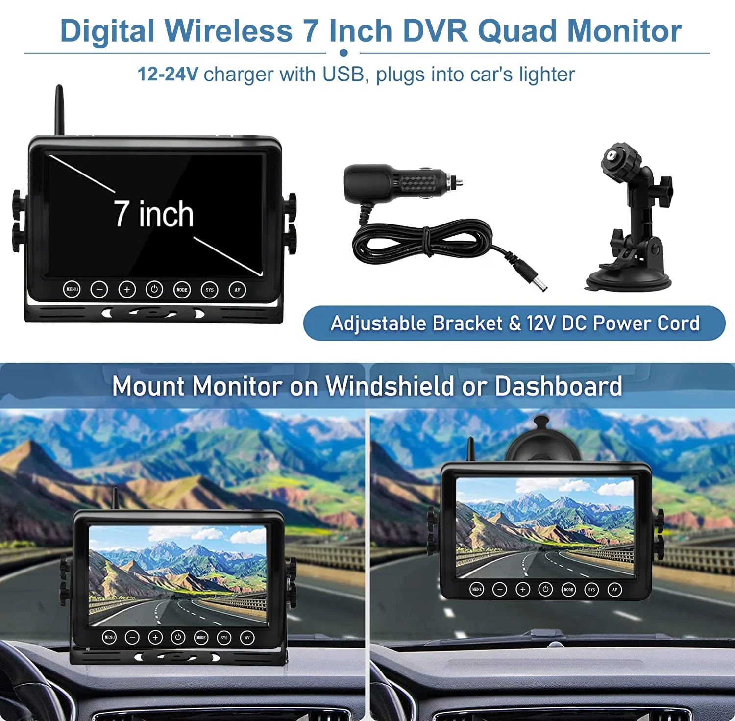 

Hot Sale IPoster 7" QUAD DVR 4x Wireless Rechargeable Battery Solar Magnetic Reversing Cameras