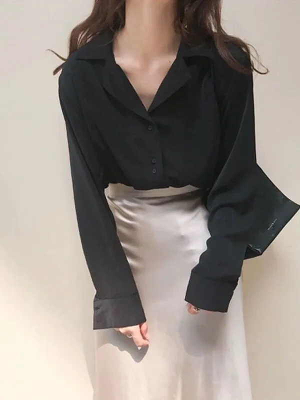 

Bla Silk Long Sve Свободный крой irt Vintage Sle Осенняя коллекция Женская мода Верхний воротник на пуговицах Чистый цвет