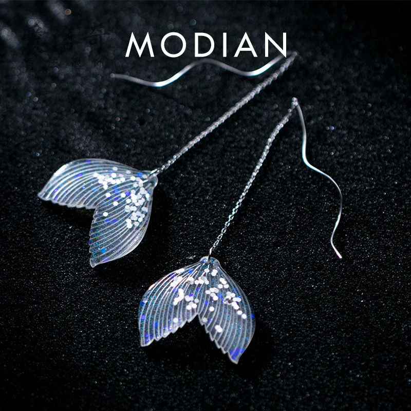 Modian kolorowy przezroczysty ogon syreny dynda kolczyk dla kobiet 925 Sterling srebrny geometryczny fala spadek kolczyk Fine Jewelry