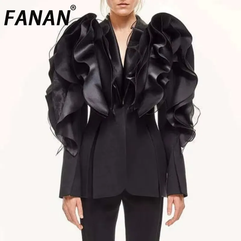 FANAN Mesh Ruffle Design Blazers Women's Gathered Waist Fit Jackets Tide Female Coats Temperament Clothing 2025 Spring New