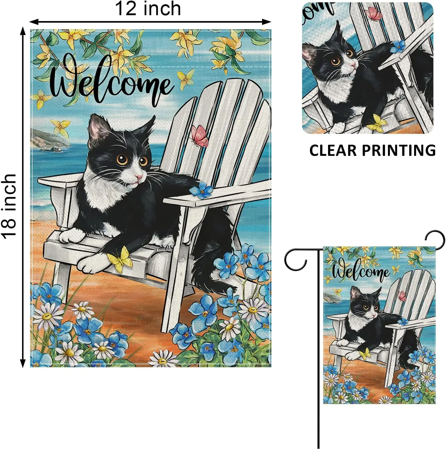 Welcome Spring Summer Cat Chair Decorative Garden Flag, Kitty Forget Me Not Daisy Flower Sea Beach Yard Outside Decorations, Coa