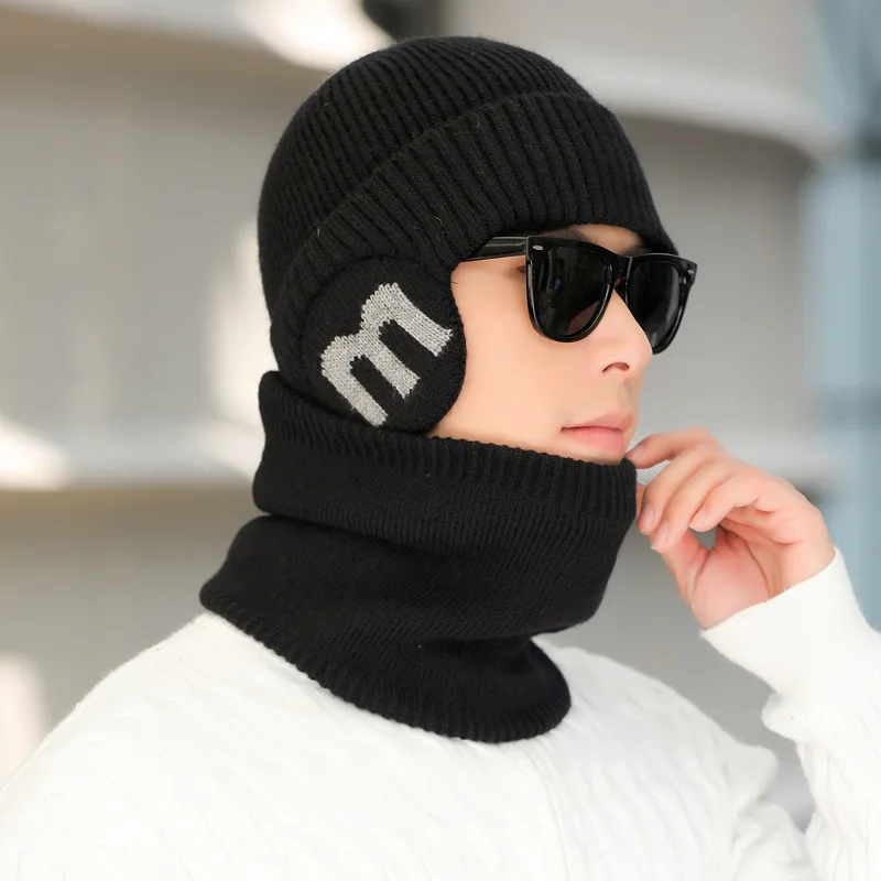 في الهواء الطلق الشتاء الرجال محبوك قبعة سنود 2 قطعة/المجموعة أفخم الدافئة بلغت ذروتها قبعة غطاء للأذنين عادية Cysling ركوب عالية الجودة نموذج قبعة الرجال