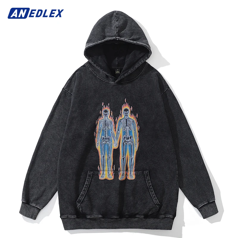 Hip Hop Men Washed Oversized Hoodie Sweatshirt Flame Skull Skeleton Graphic Retro Hoodie Harajuku Cotton Autumn Hooded Pullover