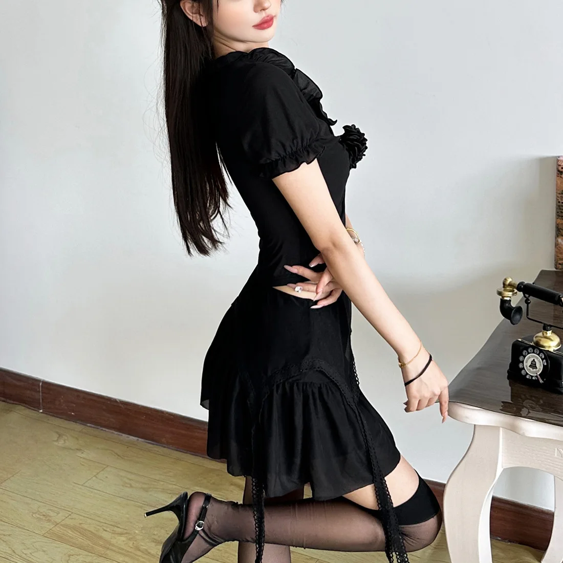 Y2k American Sexy Hot Mädchen Röcke Frauen Hohle Spitze Mesh Hemd Unregelmäßige Mini Shirt Retro Mode Kausalen Rock