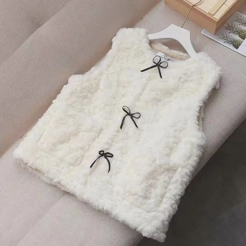 Fashion Preppy Style Autumn Winner Berber Fleece Coats Vests Women Solid O-Neck Bow Button Pocket Chic Sleeveless Cardigan Tops