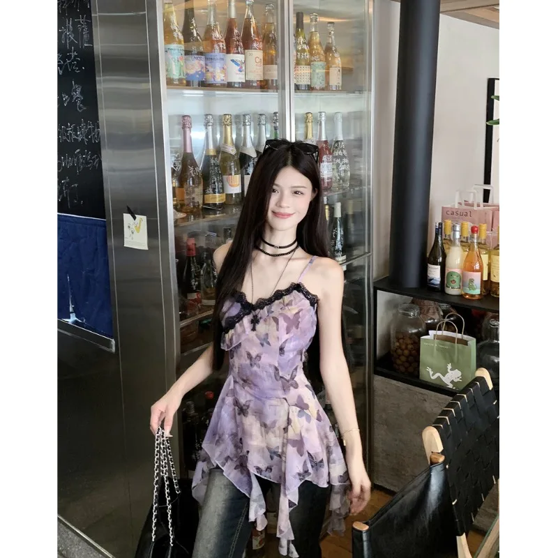 ฤดูร้อนผีเสื้อพิมพ์ Ruffle Hem ชุดผู้หญิงไม่สม่ําเสมอ SLIM FIT Cami Dress อินเทรนด์แขนกุดออกแบบ Elegant รายละเอียด