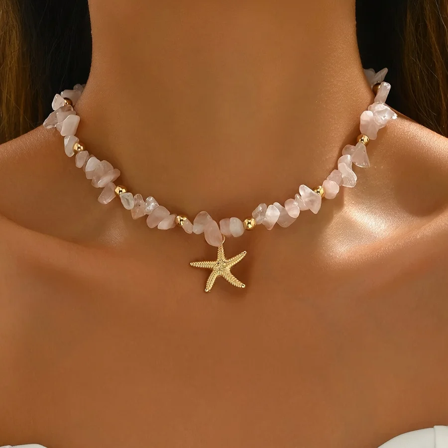 

Starfish Bohemian Summer Necklace | Delicate Golden-Tone Chain for Women, April Birthstone Jewelry, Vintage Bohemian Pendant Nec