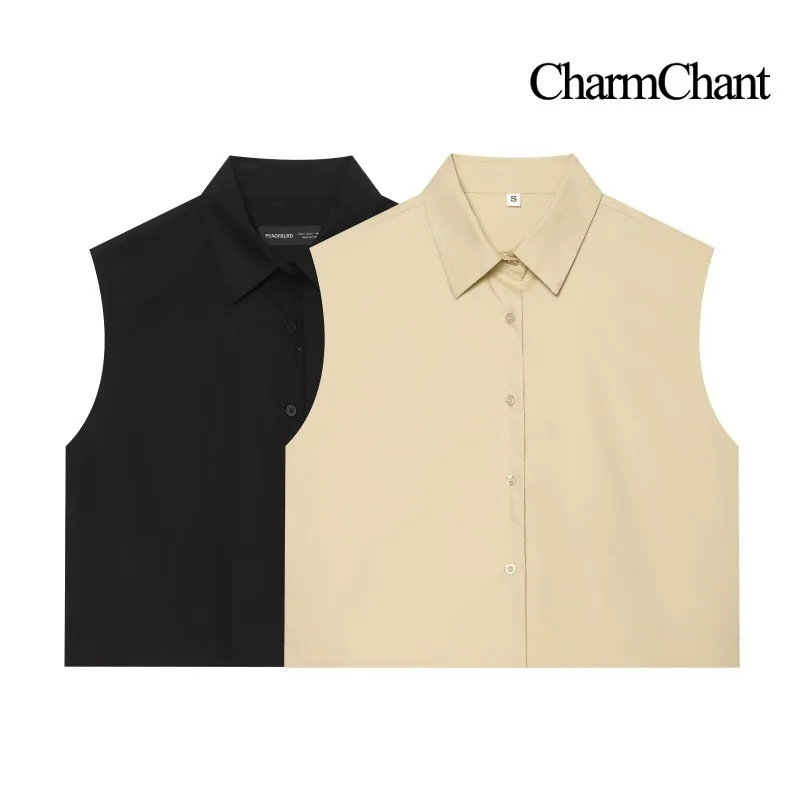 CHARMCHANT Women's Lapel Collar Sleeveless Button Down Cropped Shirt Back Pleated Loose Sleeveless Blouse Summer 2026