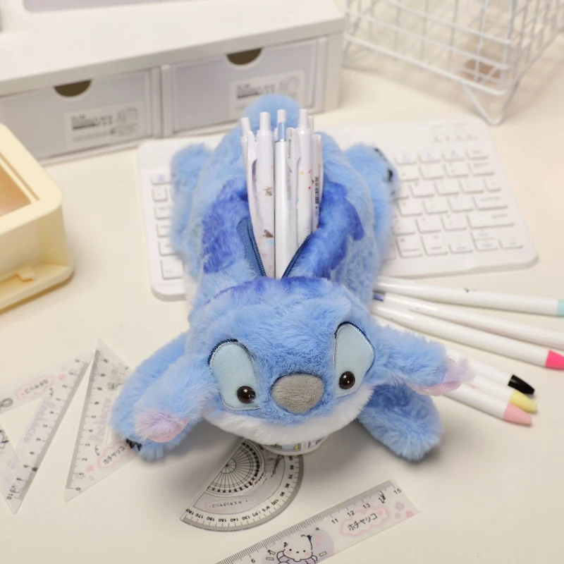 Disney Stitch Plush Pencil Pouch Cute Cartoon Pencil Storage Bag Large Capacity Students School Office Supplies Stationery Bags