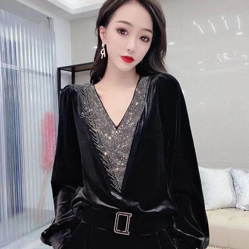 Elegant V-Neck Loose Spliced Diamonds Blouse Women\'s Clothing 2024 Autumn New All-match Casual Pullovers Office Lady Shirt