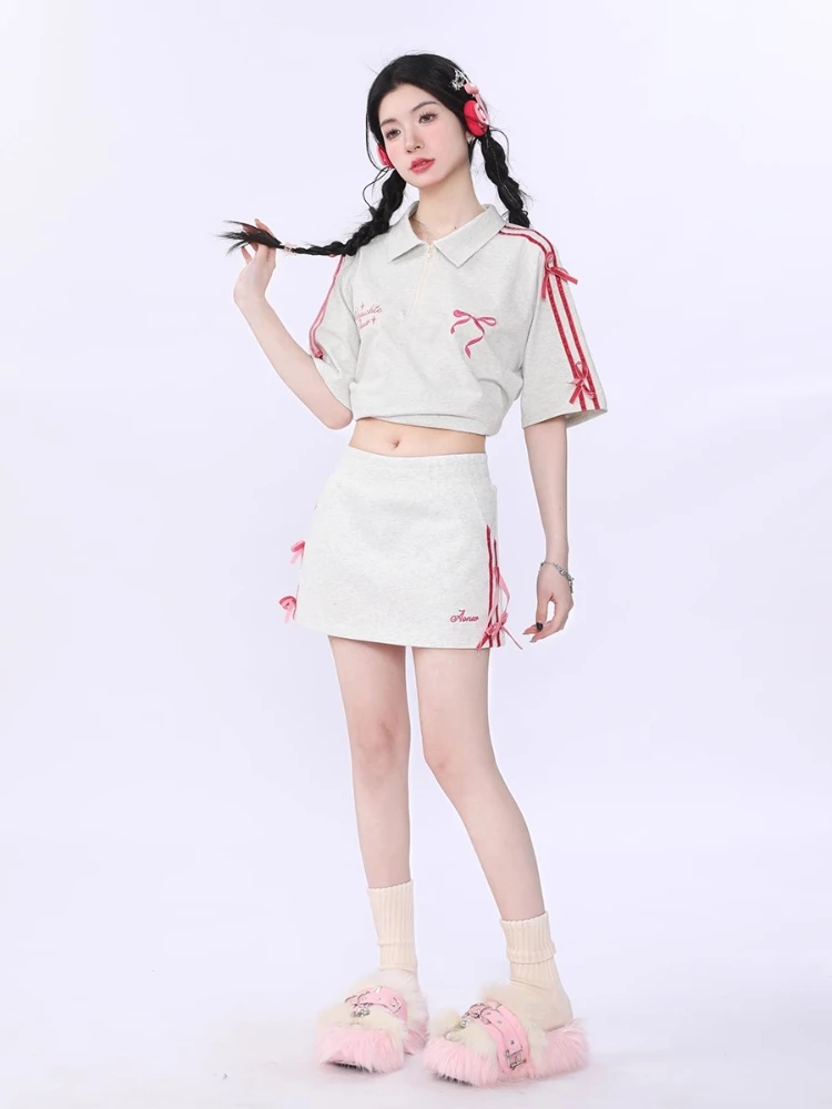 Velvet Bow Embroidered Short Skirt Set Women Korea Summer Loose Polo Collar T Shirt+skirts 2pcs Sets Casual Sweet Sport Suit New