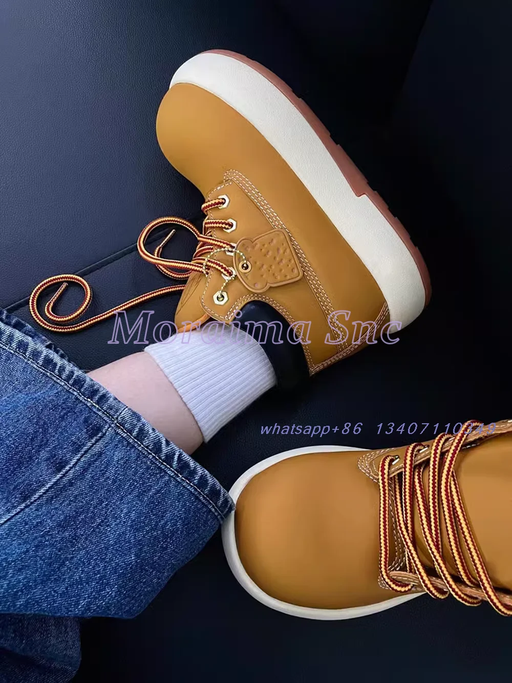 

Fashion Yellow Big Round Toe Ankle Boots Lace-up Thick Sole Mixed Colors Retro High Top Women's Short Boots Autumn Winter 2024