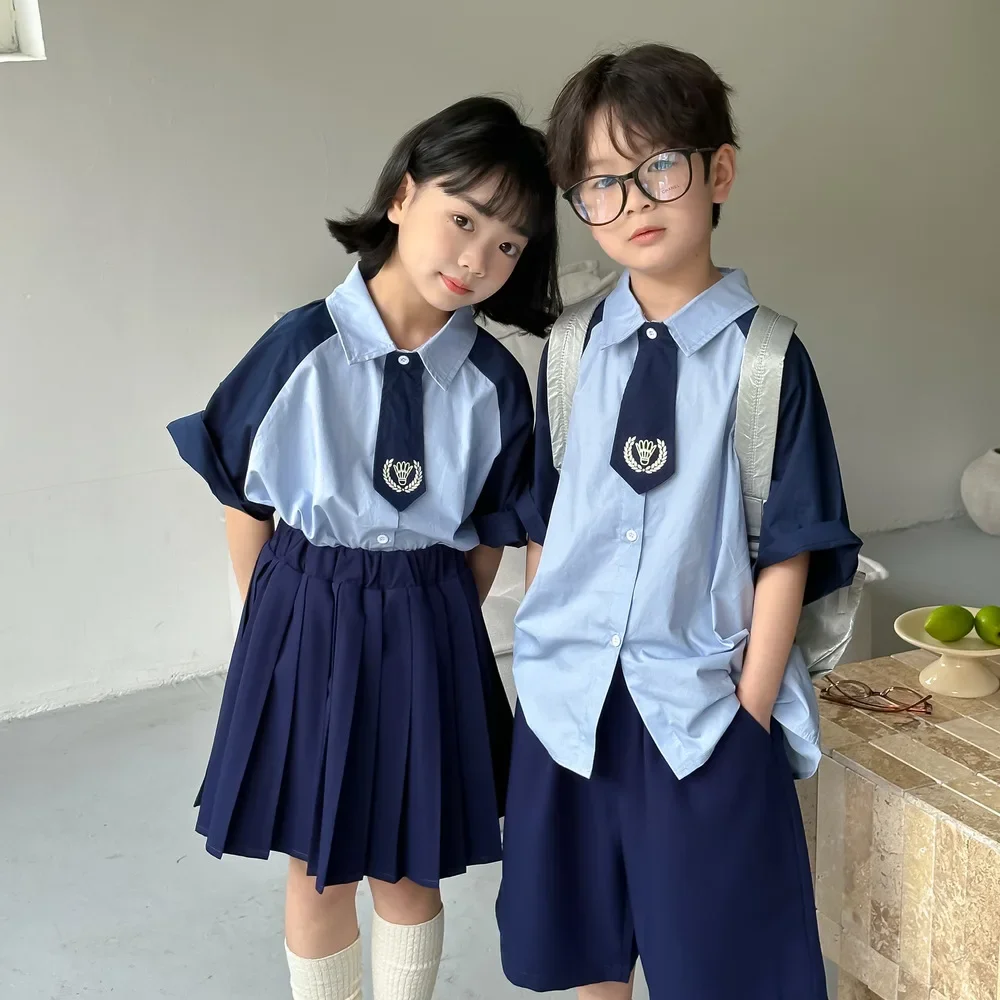 Brother Sister Matching Sets Korean Twins Clothes School Boys Short Sleeve Shirts Shorts Outfits Girls Tops Pleated Skirts Suit