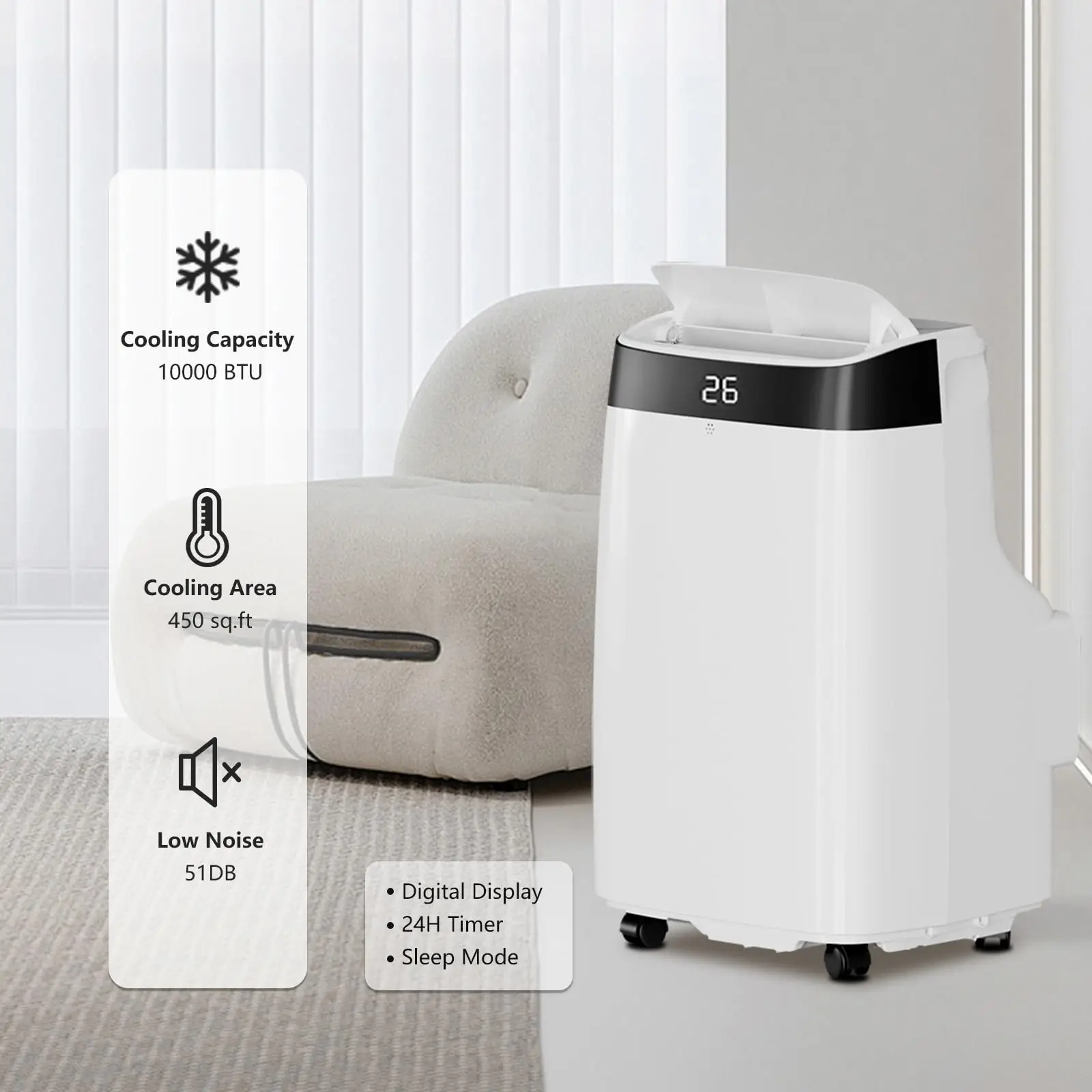 Portable Air Conditioners, 10000BTU 3-in-1 AC Unit with Cooling, Dehumidifier & Fan Modes, Remote Control, Digital Display, Mobility, Quiet Freestanding AC Cooling for 450 Sq.Ft for Home, Office, RV