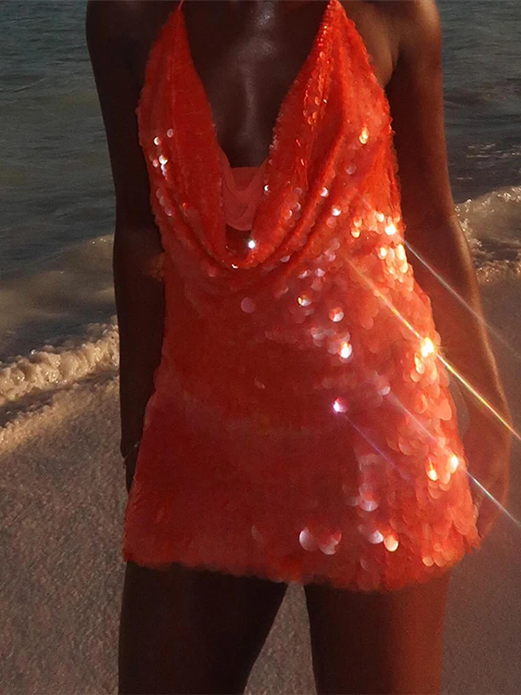Glitter Sequined Halterชุดสั้นผู้หญิงเซ็กซี่ลึกVแขนกุดBackless Lace Up Party Dresses 2025 ฤดูร้อนใหม่สุภาพสตรีBeachwear