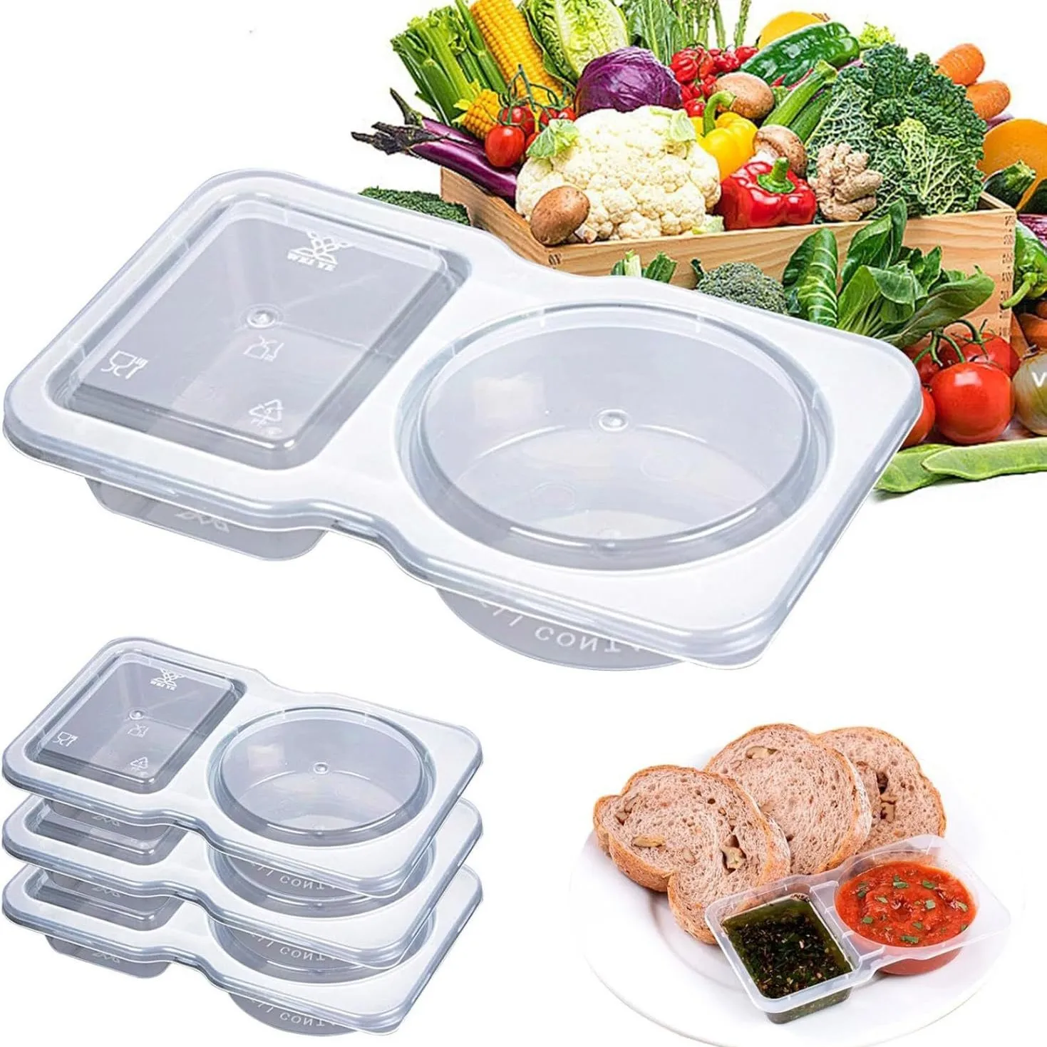 5/10/20 Pcs Double Compartment Condiment Container With Lid Double Compartment Snack Containers For To-Go Sauce, Sampling, Trave