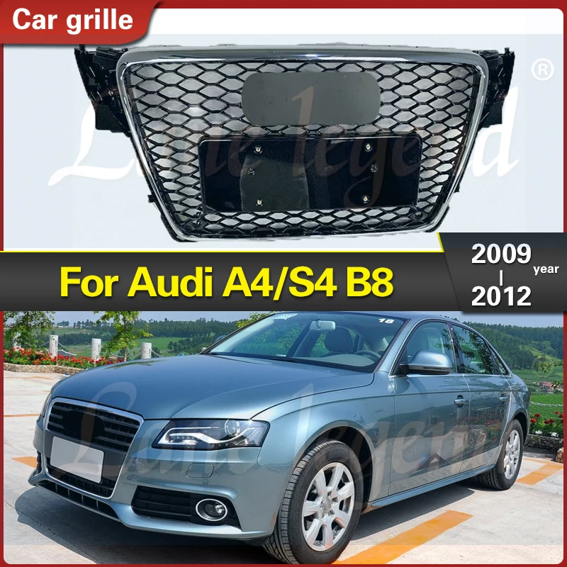 

Решетка в стиле RS4, хромированная накладка, короткие кольца для Audi A4 S4 B8 2009-2012, серебристый, черный, решетка переднего бампера в стиле RS